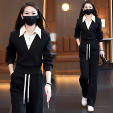 批发设计感假两件polo<b class='q'>衬衫</b>领春秋女士<b class='q'>运动服</b>套装2025休闲时尚两件套