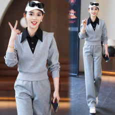 批发设计感假两件polo<b class='q'>衬衫</b>领春秋女士<b class='q'>运动服</b>套装2025休闲时尚两件套