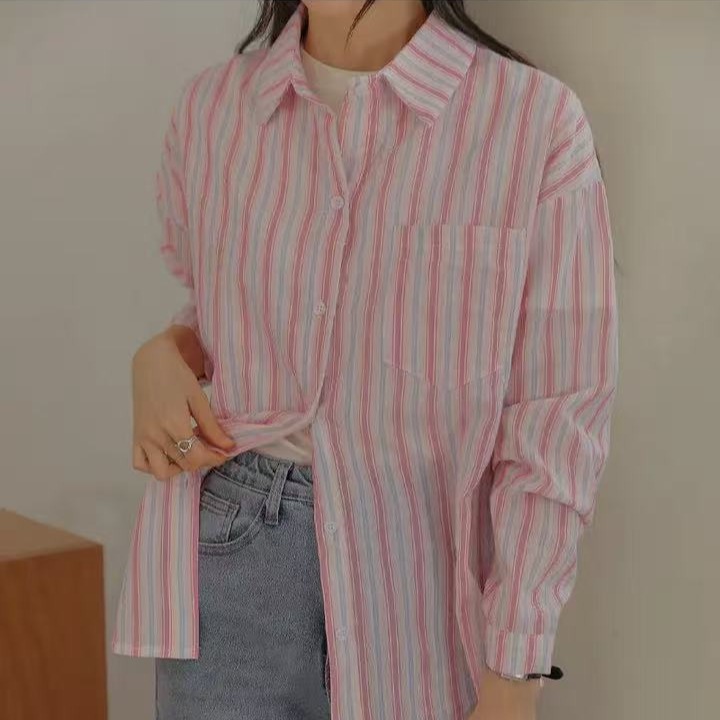 한국 스타일 봄 디자인 센스 스트라이프 셔츠 다용도 캐주얼 작은 대중 하라주쿠 스타일 루즈핏 셔츠 자외선 차단 외투