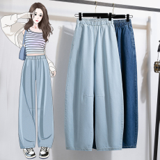 批发实拍弯刀牛仔裤女显瘦香蕉裤秋窄版阔腿裤小个子宽松镰刀拖地长裤