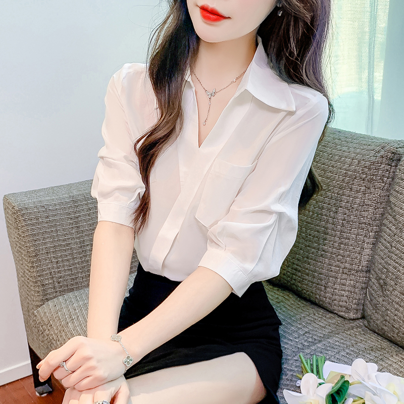 MY1151# 新款时尚洋气法式V领短袖衬衫女气质显瘦设计感小众减龄上衣女裝貨源服裝批發