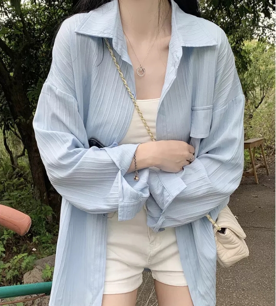 2025 봄 새로운 지방 mm 슬림해 보이는 표지 배 숨기기 고기 맨위 주름 자외선 차단 긴팔 셔츠 여름 여성 코트