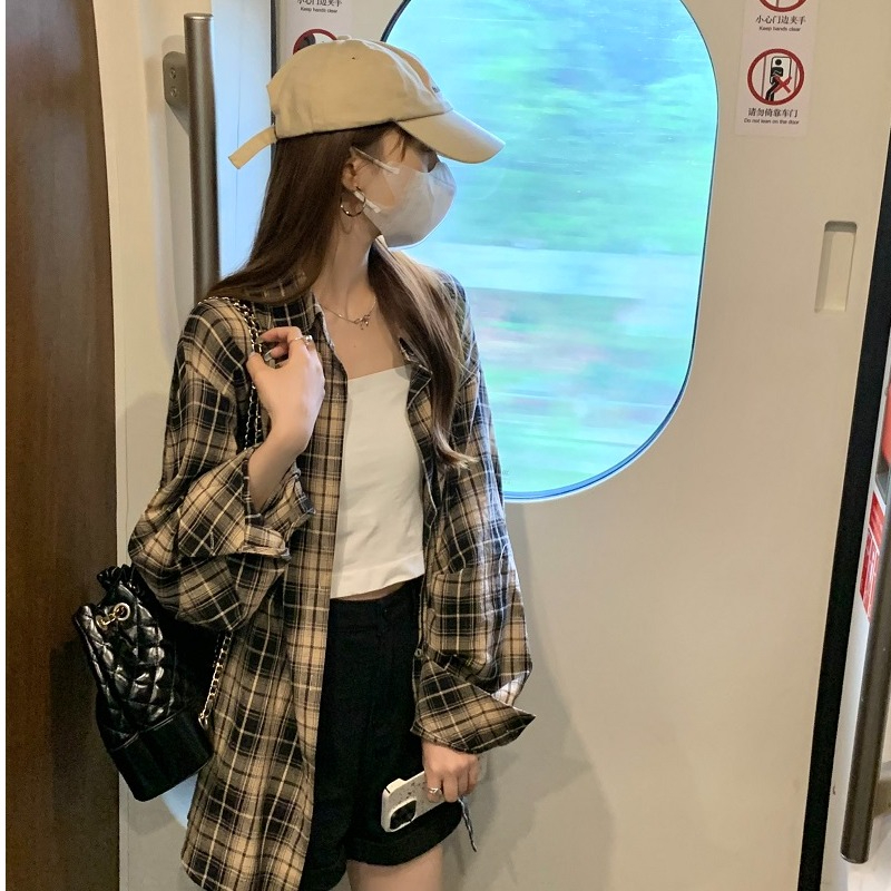 조기 봄 느긋한 바람 루즈핏 체크무늬 여성 셔츠 디자인 센스 레트로 긴팔 캐주얼 chic 한 첨부 된 외투