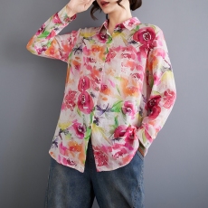 批发文艺复古防晒衫2026春秋新款花朵<b class='q'>衬衫</b>女长袖百搭<b class='q'>休闲</b>薄款翻领<b class='q'>衬衣</b>