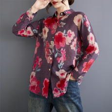 批发文艺大码<b class='q'>休闲</b><b class='q'>衬衫</b>女2026新款单排扣花朵印花长袖<b class='q'>衬衣</b><b class='q'>衬衫</b>防晒衫