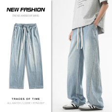 批发实拍2025春夏新款全松紧款式莱赛尔面料破骨拼接百撘牛仔裤男