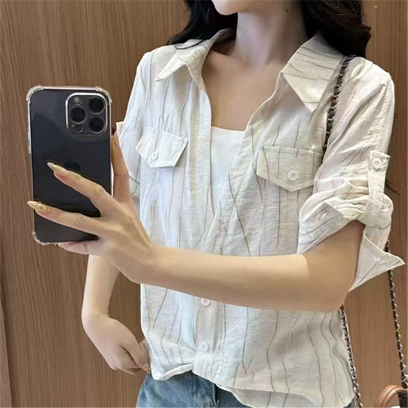 MY40# 时尚POLO领百搭条纹小衫衬衫2025夏季女装女裝貨源服裝批發