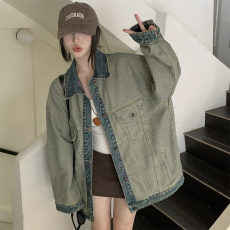 批发实拍实价复古水洗翻领长袖牛仔外套宽松中长款小众夹克上衣