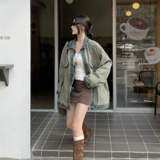 批发实拍大码胖M复古水洗翻领长袖牛仔外套宽松中长款小众上衣