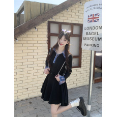 批发实拍 胖MM大码纯欲格子拼接Polo领上衣修身设计感长袖连衣裙