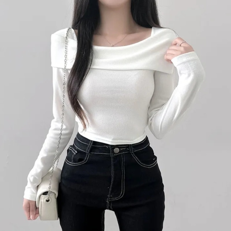 있음 선적 한국 chic 가을 긴팔 기본 셔츠 몸매 가꾸기 이슬 쇄골 보트넥 작은 심장 기계 티셔츠 맨위