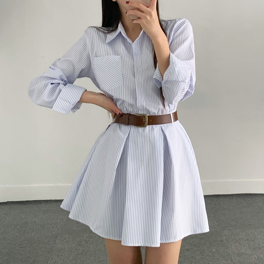 크기 있음 업데이트 한국 chic 프랑스식 클래식 스트라이프 플리츠 셔츠 드레스 벨트 포함