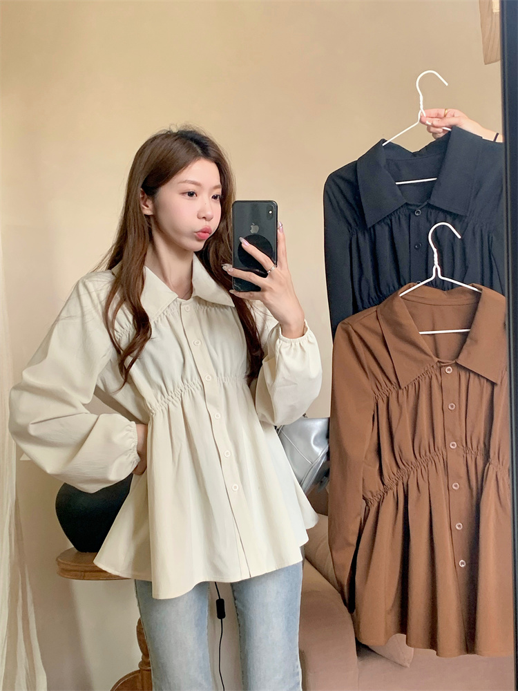 MY12787# 遮肚子收腰正肩长袖女显瘦荷叶边娃娃衫上衣女裝貨源服裝批發