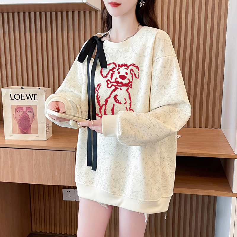 MY18# 华棉复牛奶丝大码飘带蝴蝶结镂空扎染印花卫衣女女裝貨源服裝批發