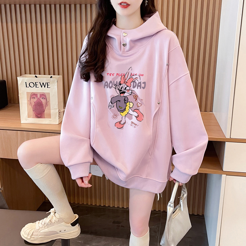 MY17# 纯棉华棉复牛奶丝大码260斤印花双层帽春秋薄款卫衣女女裝貨源服裝批發