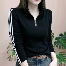 批发早<b class='q'>春</b>秋新款简约百搭拉链半高领上衣女中年妈妈洋气撞色减龄显瘦T