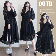 批发实拍2025秋冬新款大码宽松法式花边连衣裙长袖中长款孕妇裙