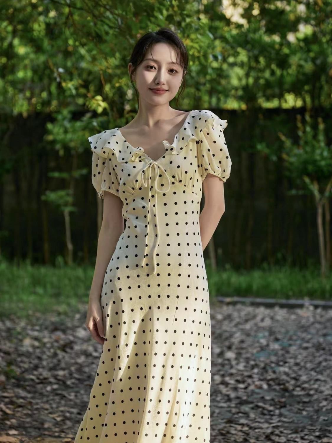 프랑스어 부드러운 첫사랑 치마 레트로 웨이브 포인트 여성 드레스 여름 허리 슬림 달콤한 기질 프릴 롱 스커트