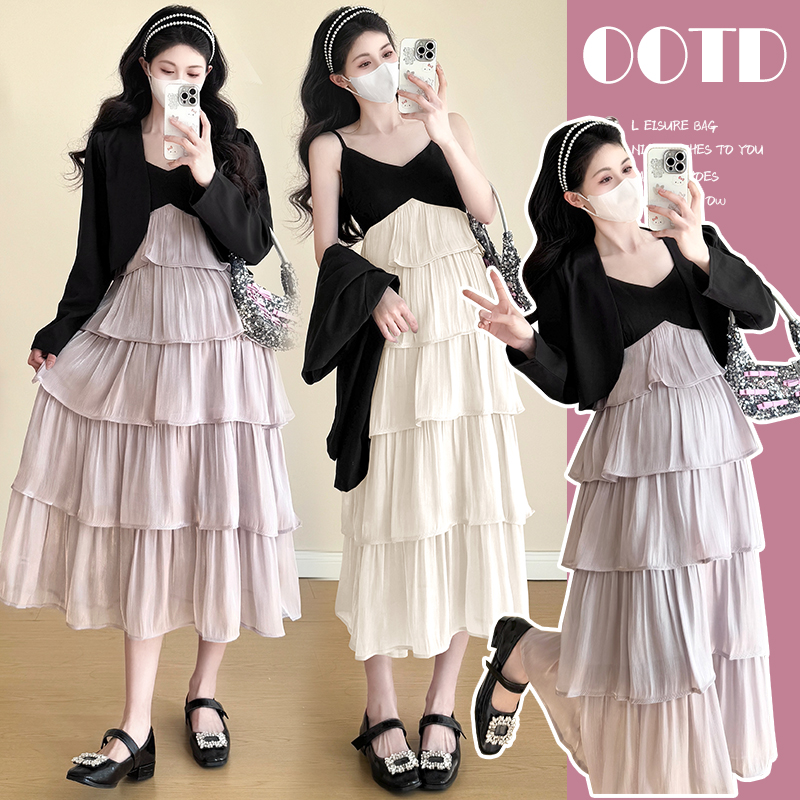 실사 지금 2026 봄 드레스 새로운 출산 착용 패션 품격 루즈핏 케이크 드레스 출산 착용 새 봄 투피스 세트