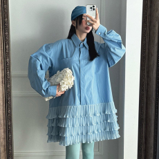 批发已出货 韩国东大门小众设计感撞色<b class='q'>拼接</b>蛋糕衬衫<b class='q'>连衣裙</b>女