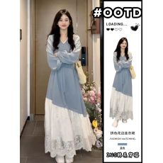 批发网图 2025新款秋装孕妇装 蓝色拼接蕾丝连衣裙