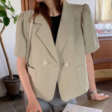 批发韩风chic大码西装外套翻领宽松泡泡袖短款西服上衣