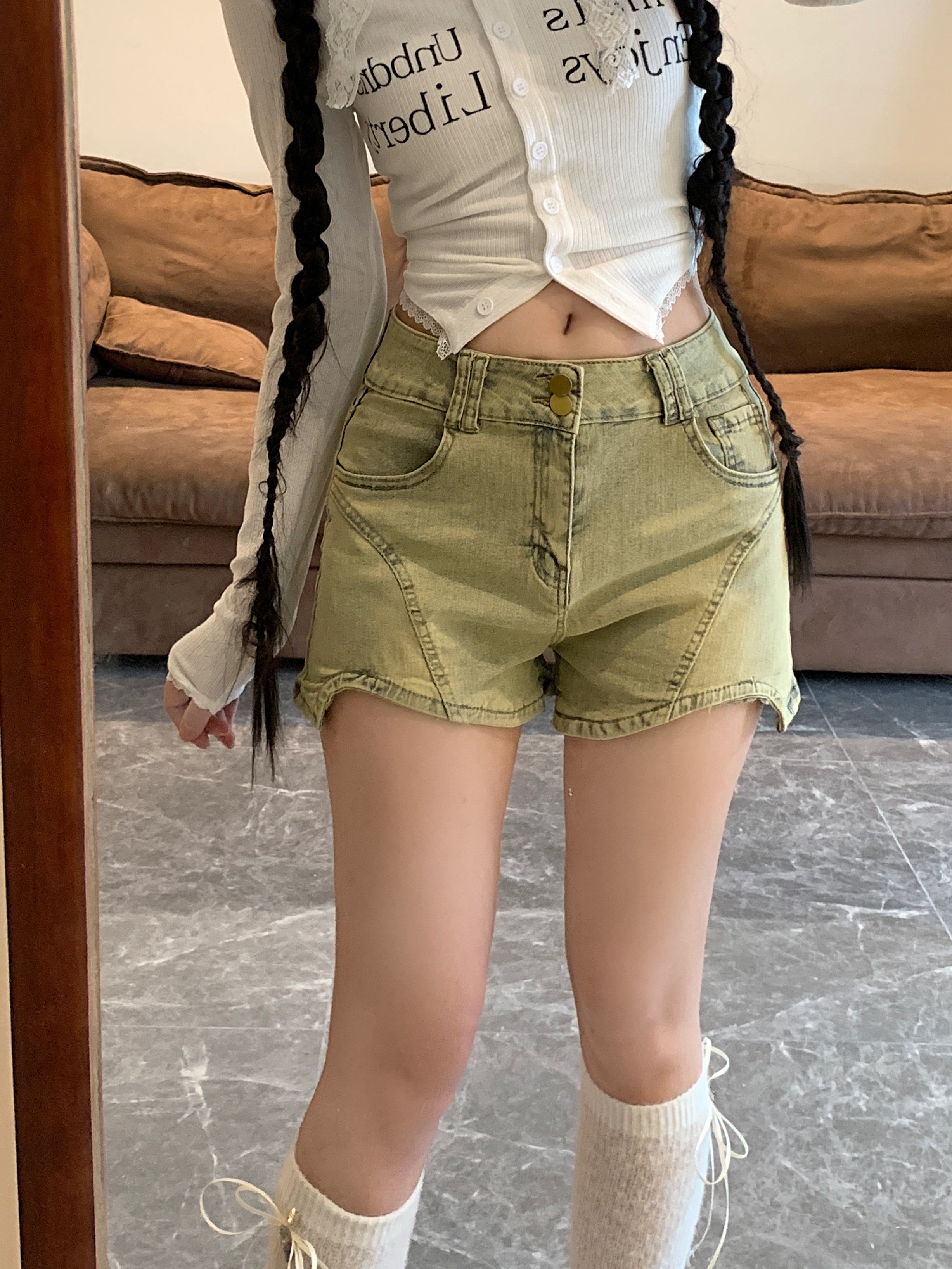 辣妹不规则复古牛仔短裤女夏季高腰弹力修身热裤 服裝批發女裝批發服飾貨源