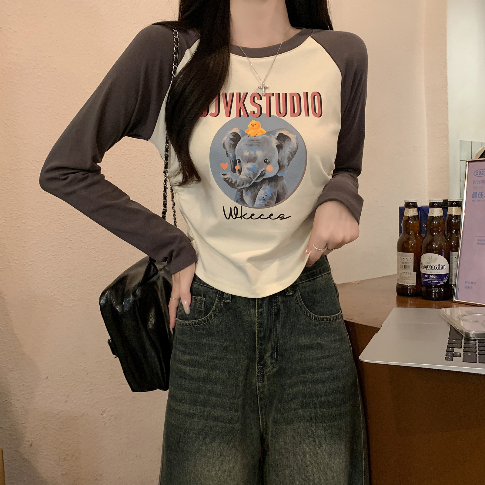 MY311#长袖t恤女装新款薄修身打底衫圆领上衣女裝貨源服裝批發