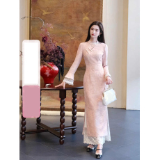 批发粉花香新中式粉色提花改良旗袍女2026秋季新款蕾丝拼接连衣裙