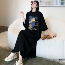 批发仿棉牛奶丝#<b class='q'>大码</b>长款睡裙女短袖夏季宽松显瘦过膝长款连衣裙跨境