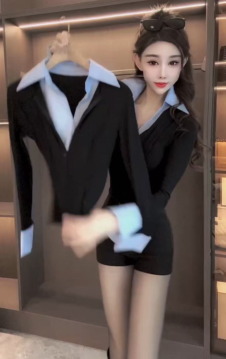 FA57015# 春季新款翻领拼接长袖T恤女装气质修身高级感显瘦百搭上衣