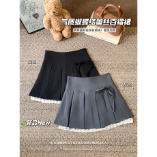 批发实拍~大码女装韩系学院风蝴蝶结百褶<b class='q'>裙</b>半身<b class='q'>裙</b>小众蕾丝拼接a字短<b class='q'>裙</b>