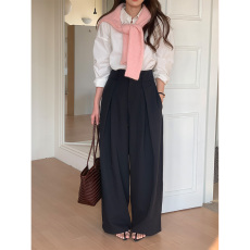 批发有货 实拍 春季设计感纯色宽松高腰垂感松紧腰西装<b class='q'>裤</b>