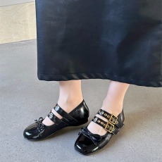 批发金属搭扣芭蕾舞鞋魔术贴女鞋蝴蝶结方头一字扣单鞋 