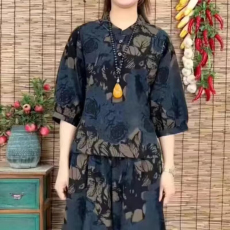 批发M--4XL宽松显瘦洋气印花休闲<b class='q'>套装</b>减龄遮肉时尚复古<b class='q'>哈伦裤</b>两件套
