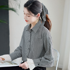批发袖口花边拼接格子气质<b class='q'>个性</b>衬衫女春秋新款宽松设计小众长袖衬衣