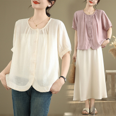 批发实拍法式大码小清新宽松气质小衫单排扣纯色显瘦百搭衬衫棉麻上衣