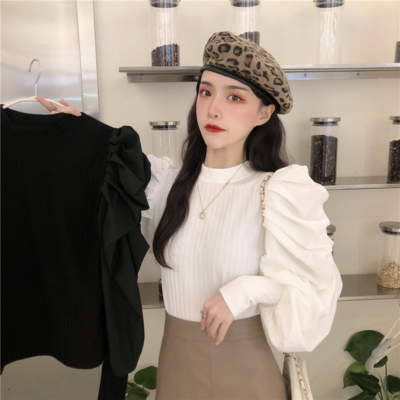 실사 정가 봄 드레스 벌룬 소매 셔츠 패치워크 니트 스웨터 여성 디자인 센스 버블 셔츠 소매 긴팔 맨위