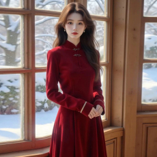 批发2026春新款新中式红色气质丝绒国风裙子