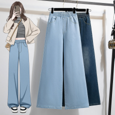 批发实拍大码复古蓝直筒牛仔裤女2026春季弹力高腰宽松显瘦阔腿拖地裤