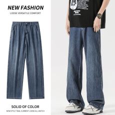 批发实拍2025春夏新款港风宽松直筒牛仔裤男莱赛尔冰丝松紧腰系带长裤