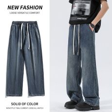 批发实拍2025春夏新款宽松直筒牛仔裤男莱赛尔冰丝松紧腰系带弹力长裤