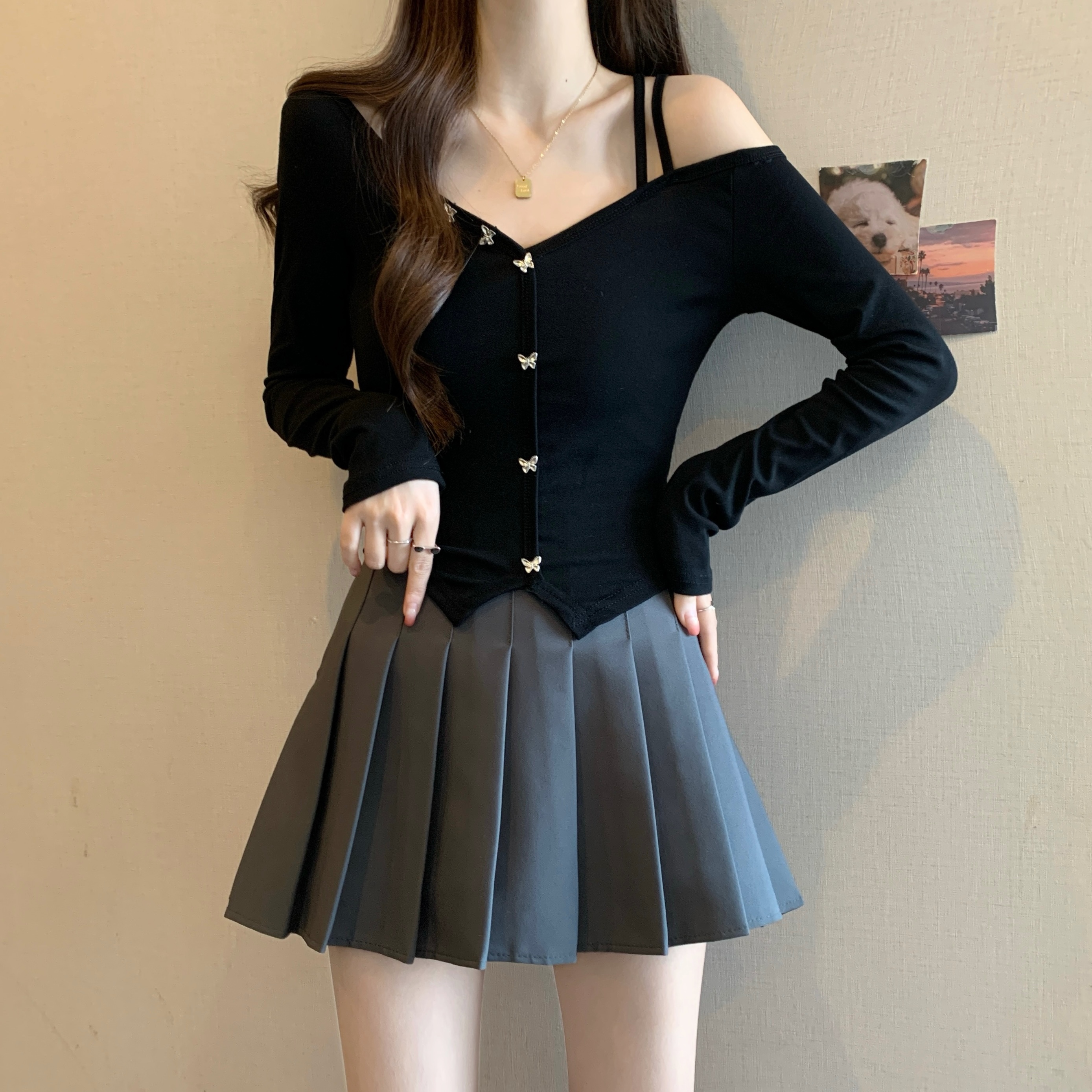 MY517# 新款大码胖mm修身显瘦露肩上衣气质长袖T恤女裝貨源服裝批發