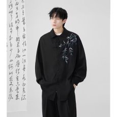 批发新中式男装领证长袖衬衫男黑色国风盘扣衬衣套装国潮刺绣唐装