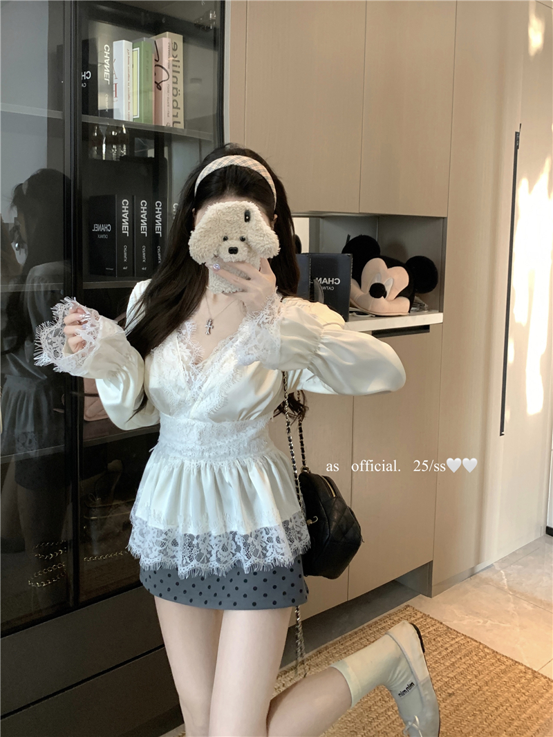실사 정가 부드러운 달콤한 욕망 셔츠 V넥 무거운 작업 패치워크 레이스 레이스 허리 수축 심장 기계 품격 맨위 여성