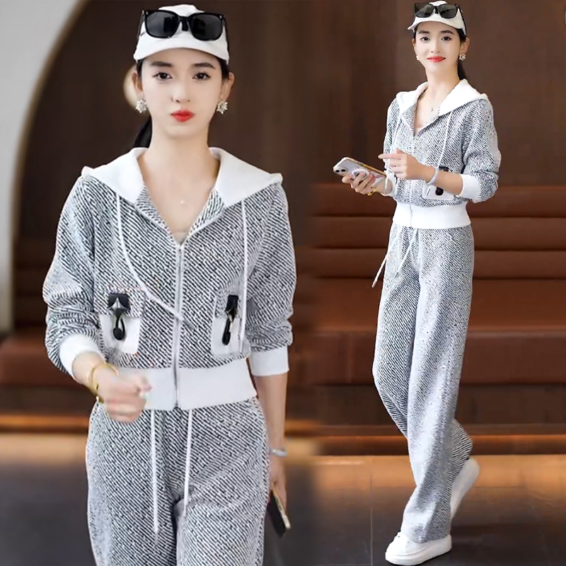 BY356069# 休闲时尚运动服套装女秋季新款连帽外套直筒裤两件套 服裝批發女裝批發服飾貨源