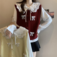 批发洋气娃娃领衬衫针织马甲套装女<b class='q'>春</b>季大码胖妹妹绝美法式小众两件套