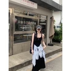 批发实拍复古气质高级法式无袖背心连衣长裙+条纹休闲防晒<b class='q'>衬衫</b>