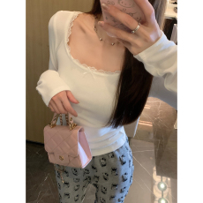 批发实拍实价 春季韩版纯欲方领<b class='q'>蕾丝</b>边蝴蝶结修身长袖<b class='q'>T</b><b class='q'>恤</b>打底衫上衣女