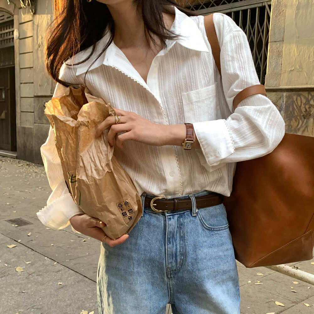 선적 ins 보 주님 섹션 한 프랑스식 작은 대중 디자인 센스 레이스 조각 다용도 단색 긴팔 셔츠